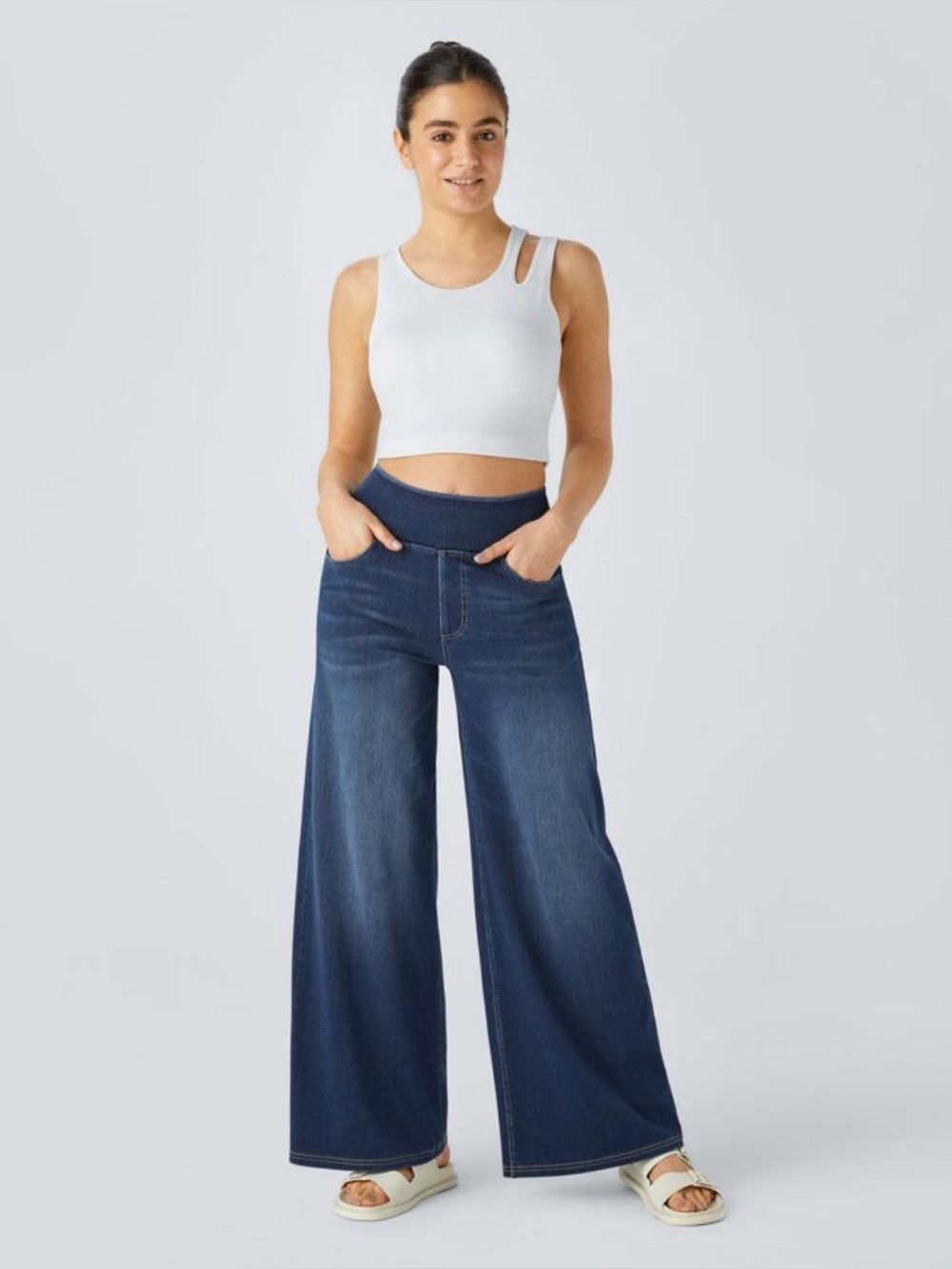 Halara Flex High Waisted Pockets Baggy Wide Leg Washed Casual Jeans